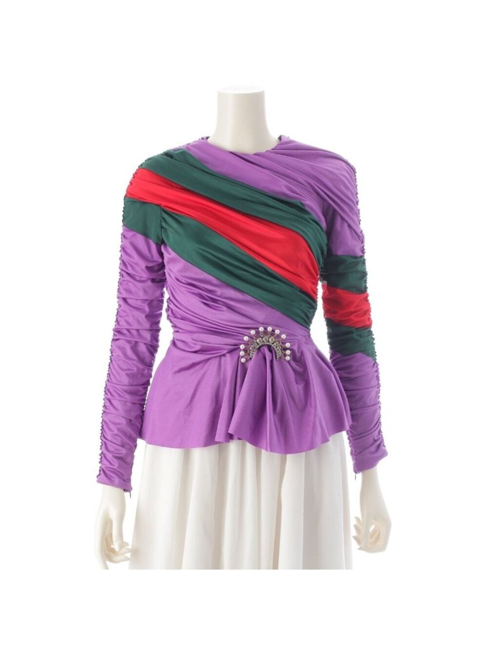 Gucci Nylon Brooch Embellished Sherry Line Stretch Gathered Top Long Sleeve